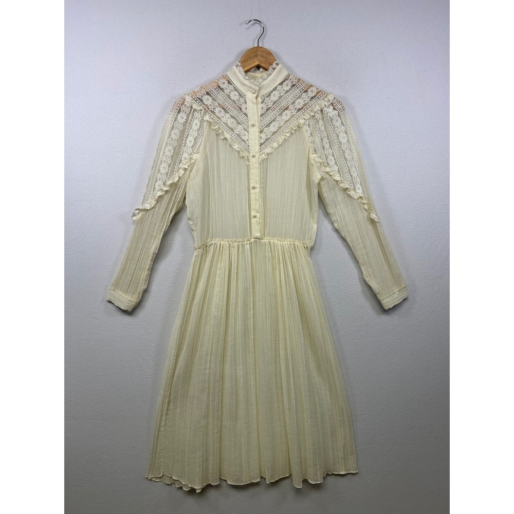 Prairie Victorian Stephanie Sue Womens 7/8 Ivory Lace Yoke Pleated Midi Dress